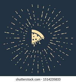 Beige Slice of pizza icon isolated on dark blue background. Abstract circle random dots. Vector Illustration