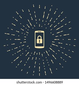 Beige Smartphone with closed padlock icon isolated on dark blue background. Phone with lock. Mobile security, safety, protection concept. Abstract circle random dots. Vector Illustration