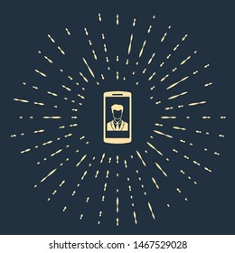 Beige Smartphone with contact on screen icon isolated on dark blue background. Incoming call. Human on phone screen. Call contact. Abstract circle random dots. Vector Illustration