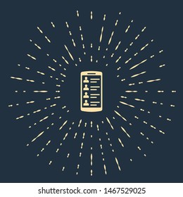Beige Smartphone with contacts on screen icon isolated on dark blue background. Incoming call. People on phone screen. Call contact. Abstract circle random dots. Vector Illustration