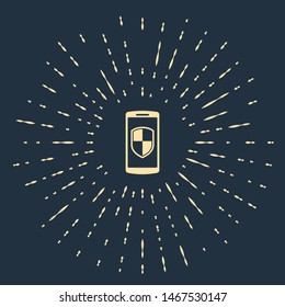 Beige Smartphone, mobile phone with security shield icon isolated on dark blue background. Abstract circle random dots. Vector Illustration