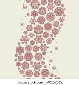 Beige snowflakes seamless pattern in abstract style. Freehand ethnic Xmas sketch. Ornamental artistic vector illustration in beige colors for Merry christmas cards. New Year 2019 collection.