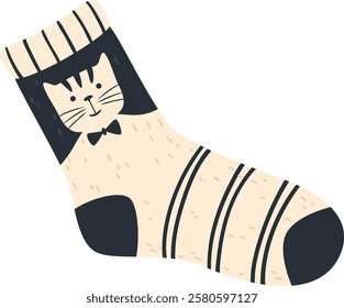 Beige sock featuring playful black stripes and an adorable cat face adorned with a charming bow tie, adding a whimsical touch and fun flair to any outfit choice