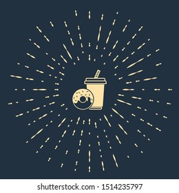 Beige Soda drink with drinking straw and donut icon isolated on dark blue background. Fast food symbol. Abstract circle random dots. Vector Illustration
