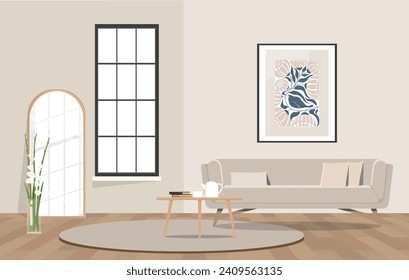 A beige sofa against a wall with a picture and a window.