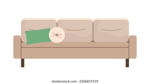 Beige sofa icon. Furniture with green and white pillow. Social media sticker. Advertising poster or banner for website Interior and design of apartment, decoration. Cartoon flat vector illustration