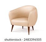 Beige soft leather armchair with wooden legs. Realistic 3d vector illustration of gentle fabric sofa furniture element. Classic comfort living room interior object. Comfortable bedroom chair mockup.