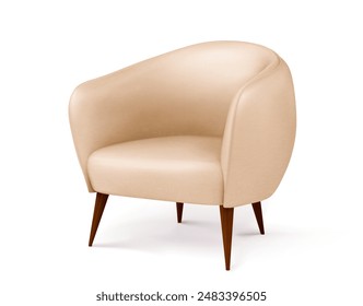 Beige soft leather armchair with wooden legs. Realistic 3d vector illustration of gentle fabric sofa furniture element. Classic comfort living room interior object. Comfortable bedroom chair mockup.