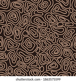 Beige soft shapes on dark brown background. Seamless abstract doodle pattern. Suitable for packaging, textile.