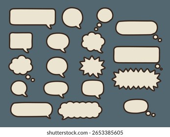 Coleção de bolhas de fala bege em fundo azul. Conjunto de balões de fala. HQ de balão de fala