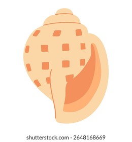 Beige spiral seashell with square pattern and smooth curves, drawn in a clean flat  vector cartoon style. For summer, marine, vacation, beach, sea, ocean-themed design. Isolated white background.