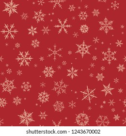 Beige spot snow flake tracery seamless pattern on dark red. Abstract geometric texture background vector illustration. Winter xmas new year ornament for prints, package, wrapping paper, greeting card