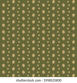 Beige spots, larger or smaller, on the khaki green surface. Textile design.