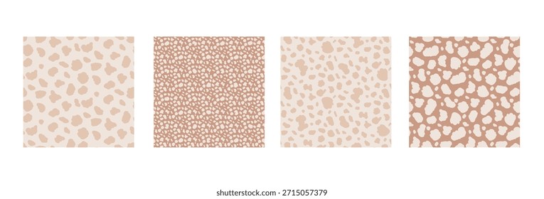 Puntos beige sin patrones. Colección de impresión de blobs irregulares monocromáticos. Conjunto de fondos de ameba de forma libre de vaca. Vector sin costuras bg. Camo neutro nude colores animales mini patrones. Fondos de pantalla manchados.