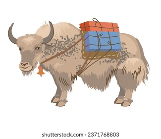 Beige spotted yak with boxes on its back. Vector, flat style. A pet is traditionally used for cargo transportation in Tibet and Nepal. Dairy cattle are widespread in the highlands. Cartoon style.