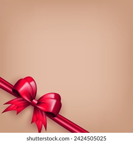 Beige square banner with bright pink realistic 3d bow and copy space for text. Silk bow in the corner with ribbon as frame for greeting card or gift box wrapping with empty place for congratulation