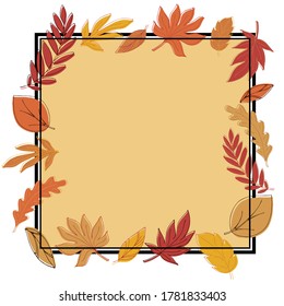 cuadrado beige con marco negro en el diseño de hojas de otoño rojas, amarillas y naranjas sobre fondo blanco en estilo doodle, ilustración vectorial para tarjeta de otoño