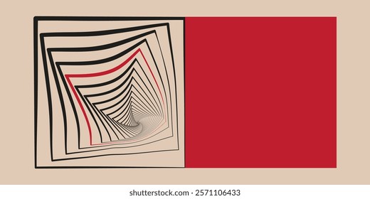 A beige square with nested black and red curves next to a solid red rectangle. Bauhaus composition.