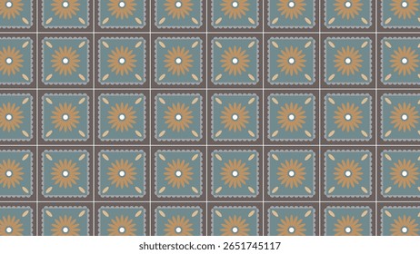 Beige square tiles with clustered daisy motifs. Soft color palette for charming, classic background visuals.