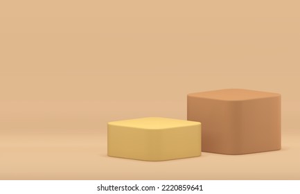 Beige cuadrado 3d rendimiento de producto peatonal base geométrica expo plataforma minorista ilustración vectorial realista. Dos escenarios de exposición de podio cúbico para el fondo del estudio de presentación promocional