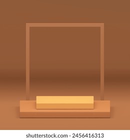 Pedestal de podio cuadrado 3d beige con fondo de pared de marco de Ilustración vectorial realista de la exhibición de moda. Moqueta geométrica neutra de la sala de exposición del pastel para la presentación del producto cosmético