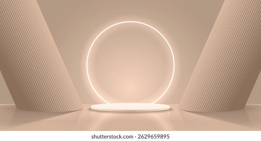 Estágio bege com pódio e círculo iluminado atrás dele com colunas inclinadas.