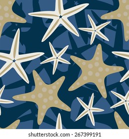 Beige starfish on blue background, vector. Sea stars seamless pattern.