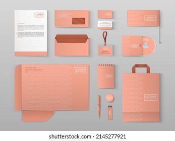 Beige stationery template design with geometric pattern. Set of business corporate identity mock up. Documentation for business.