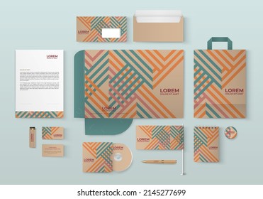 Beige stationery template design with multicolored geometric pattern. Set of business corporate identity mock up. Documentation for business.