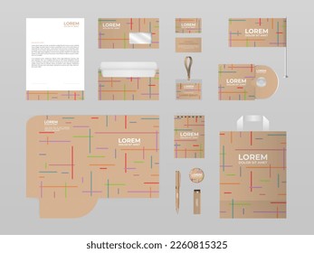 Diseño de plantillas de papel beige con un patrón geométrico multicolor. El conjunto de identidad corporativa se burla. Documentación para empresas.