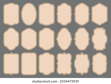 Beige stickers, decorative frames. Set of graphic antique frames, collection of retro labels, royal wedding, sticker for sale or an invitation card. Isolated vector symbols. Simple line label set sale