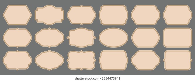 Beige stickers, decorative frames. Set of graphic antique frames, collection of retro labels, royal wedding, sticker for sale or an invitation card. Isolated vector symbols. Simple line label set sale