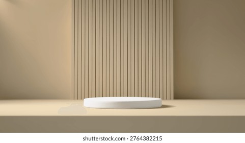 Beige studio background with ribbed wall panel and round podium. Minimal scene with soft lighting and clean composition. Neutral interior backdrop.