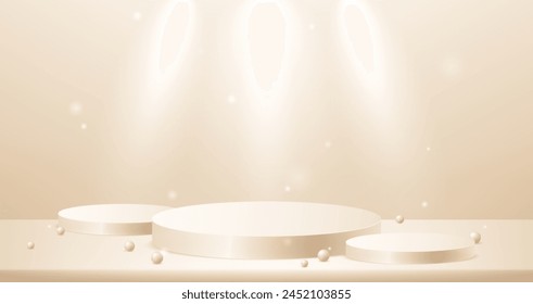 Beige studio room background. Beige cylinder pedestal podium. Abstract studio room platform design. Empty room with natural light effect. stand for products.