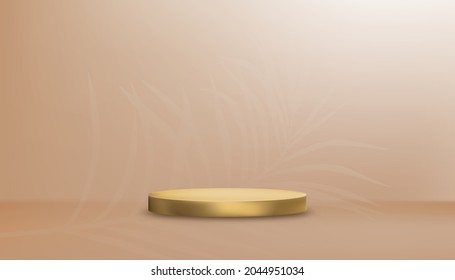 Beige Studio room with golden cylinder podium, Gallery room with yellow gold stand and palm leaves on wall background.Vector 3D minimal scene for product presentation in earth tone concept