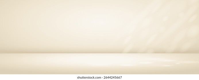 Beige studio room with sun rays. Limbo light background. Abstract 3d bg with empty space for advertising text. Vector mockup illustration