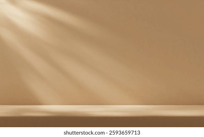 Beige studio room wall, illuminated by sunlight through foliage with tabletop. Product presentation template.