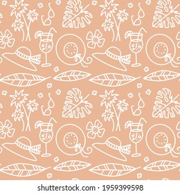 Beige summer seamless pattern. Hat, glasses, drinks, palm levea and branches, Pastel illustrations are suitable for fabric, gift paper, and summer cards. Linear doodle vector illustration.