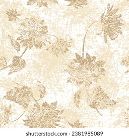 Beige sunflower in monochrome colors, seamless grunge textured sunflower drawing pattern on beige and white textured background, 