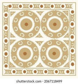 Beige suzani carpet - traditional art in Central Asian countries. Home interior element. Nowadays used in the fashion industry too.