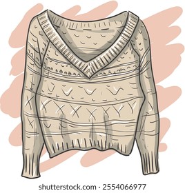 Beige sweater hand knitted bright colors cartoon style handmade crafts openwork patterns beautiful clothes hand drawn