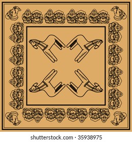beige symmetric decorative pattern from manikins and horse