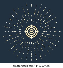 Beige Target with dollar symbol icon isolated on dark blue background. Investment target icon. Successful business concept. Cash or Money sign. Abstract circle random dots. Vector Illustration
