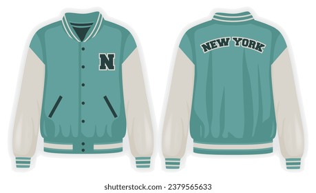 Beige teal varsity jacket front and back view, vector mockup illustration