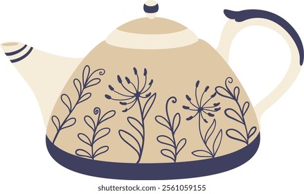 Beige teapot with floral decoration showing dandelion and leaves, isolated on white background, perfect for tea lovers and kitchenware enthusiasts