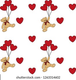 Beige Teddy Bear With Red Heart-shaped Balloon. Vector Illustration. Pattern