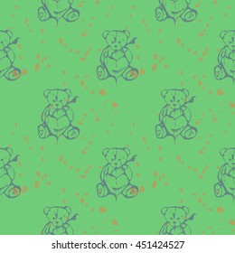 Beige Teddy bears on a beige background with spots. Seamless pattern. Vector. Fabric. Packing.