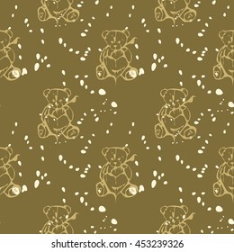 Beige Teddy bears on a beige background with spots. Seamless pattern. Vector. Fabric. Packing.