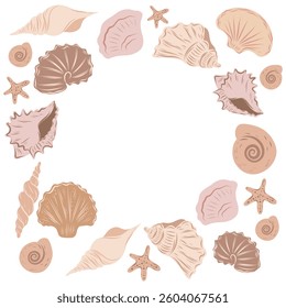 Beige Template with seashells. Hand drawn Illustration of seabed background for invitation or greeting cards. Marine border for nursery posters or nautical borders