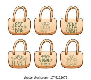 Beige textile eco bags with motivational ecology letterings set isolated illustration. Save the planet, be eco, zero waste, bring your own bag inscriptions. White background, vector.